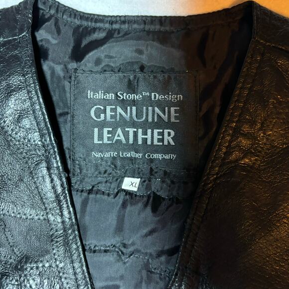 Navarre Leather Company Italian Stone Design Genuine Leather Vest XL Patches - Picture 4 of 5
